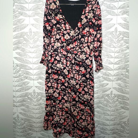 Sanctuary V Neck Midi Dress Button Front Flowy Floral Black Pink - Picture 1 of 9